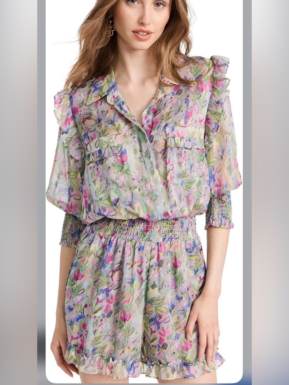 Misa Los Angeles Pastel Floral Ruffle-Trim Romper in Pink, Green, Blue